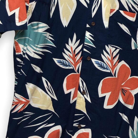 Lands’ End Hawaiian‎ Shirt Medium Navy Blue Floral Print Short Sleeve Casual - Picture 2 of 8